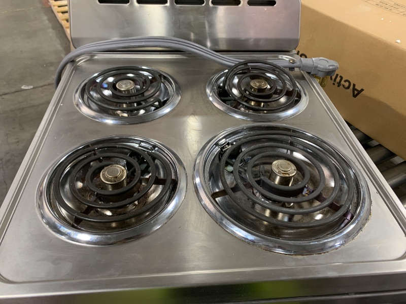 Photo 1 of Avanti Electric Range Oven Compact Design, 2.1-Cu.Ft. Capacity with 4 Coil Burners, Framed Glass Oven Door, Storage Drawer and Broiler with Pan Perfect for Apartments, 20-Inch, Stainless Steel