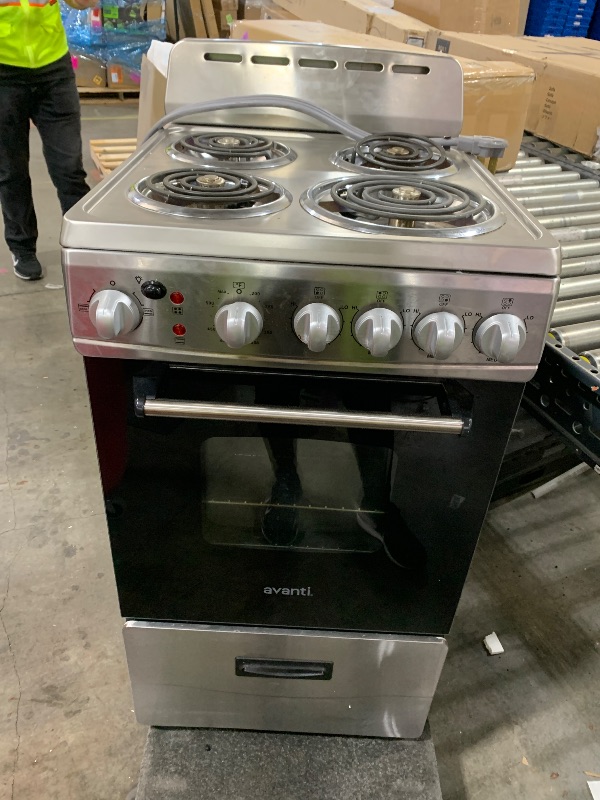 Photo 1 of Avanti Electric Range Oven Compact Design, 2.1-Cu.Ft. Capacity with 4 Coil Burners, Framed Glass Oven Door, Storage Drawer and Broiler with Pan Perfect for Apartments, 20-Inch, Stainless Steel