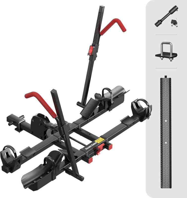 Photo 1 of Hitch Mount Ebike Rack with Ramp, 170lbs Capacity for 2 E-Bikes, Foldable Electric Bike Carrier Up to 5-inch Fat Tire Bicycle for 2'' Receiver, Red
