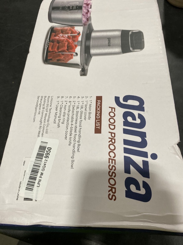 Photo 1 of Ganiza Food Processor, 2-Speed Food Chopper Meat Grinder with 8 Cup Stainless Steel & 8 Cup Glass Bowls, Upgraded Button & Smart Overheat Protection Light - Includes Clean Brush, 2 Sets of Blades
