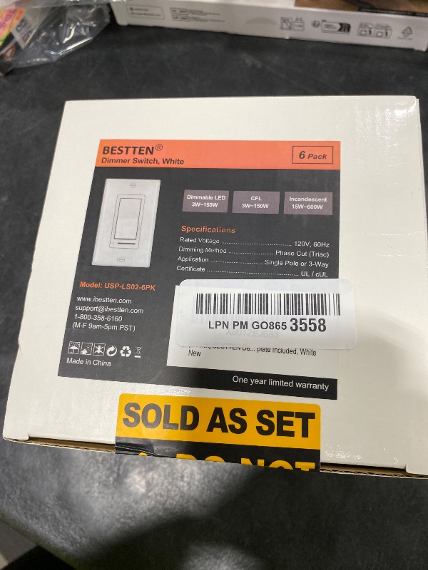 Photo 1 of BESTTEN 6 Pack Dimmer Light Switch, LED Dimmer Switch, Single-Pole or 3-Way, for Dimmable LED, Halogen and Incandescent Bulbs, 120V, Wall Plate Included, UL Listed, White