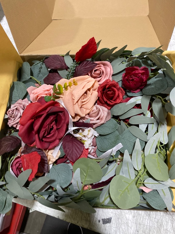 Photo 1 of WEIERYUE Deluxe Wine Red Artificial Wedding Arch Flowers with Drapes Kit-Pack of 5, 2pcs Flower Arrangements 3pcs Hanging Valance Red Ceremony Arbor Reception Backdrop Rose Floral Decorations.