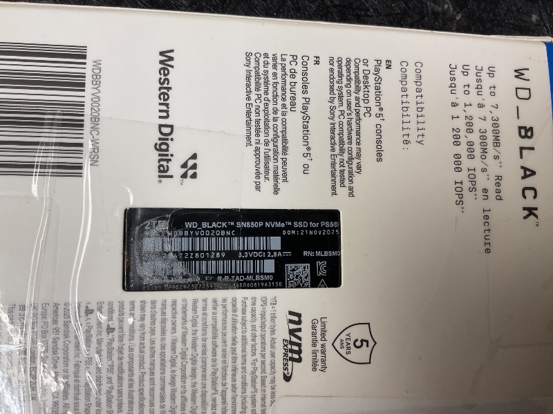 Photo 1 of WD_BLACK 2TB SN850P NVMe M.2 SSD Officially Licensed Storage Expansion for PS5 Consoles, up to 7,300MB/s, with heatsink - WDBBYV0020BNC-WRSN