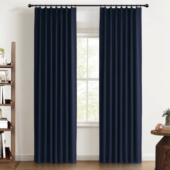 Photo 1 of 100% Blackout Shield Linen Look Textured Pinch Pleated Curtains Blackout Drapes 96 Inch Long 2 Panels Set, Faux Linen Blackout Curtains for Bedroom & Living Room, 40" W x 96" L, Midnight Blue