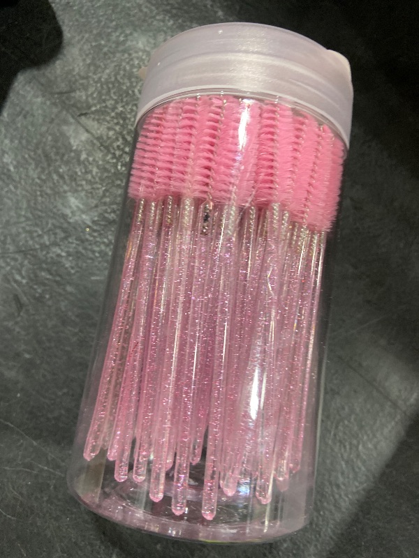 Photo 1 of 100 Pcs Disposable Mascara Wands, Crystal Eyebrow Spoolies Brush for Eyelash Extensions, Pink Lash Brushes with Container
