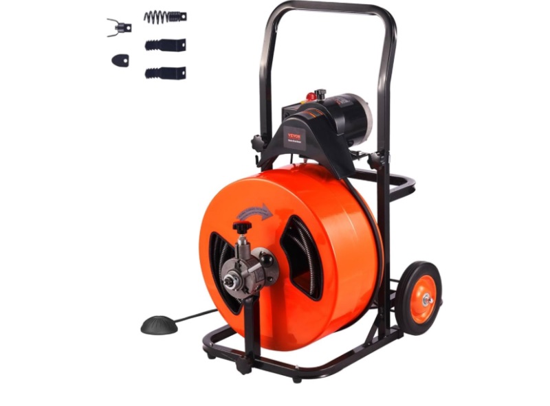 Photo 1 of VEVOR 100FT x 3/4 Inch Drain Cleaner Machine Sewer Auger Auto Feed with 4 Cutter & Air-Activated Foot Switch for 4" to 8" Pipes, Orange, Black