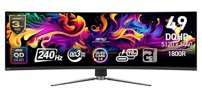 Photo 1 of msi MPG 491CQPX QD-OLED 49-inch QD-OLED 5120 x 1440 (DQHD) Computer Monitor, 240Hz, Adaptive-Sync, HDMI, Display Port, VGA Port, VESA Mountable, Tilt, Height Adjustable, Speaker, 0.03ms, Black