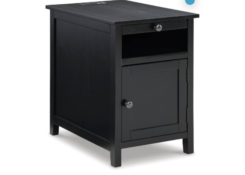 Photo 1 of **MISSING INSTRUCTIONS** Signature Design by Ashley Treytown Casual Compact Chairside End Table with a Storage Cabinet, Open Cubby Shelf, Pull-Out Tray & USB Charging Ports, Black