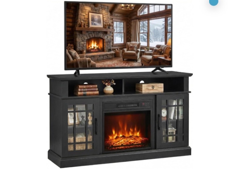 Photo 1 of SIMOE Modern 48 Inch Electric Fireplace TV Stand, TV Console for TVs with 18 Fireplace up to 55 Inch with 2 Open Shelves and Cabinets with Doors, Remote Control, rusty grey