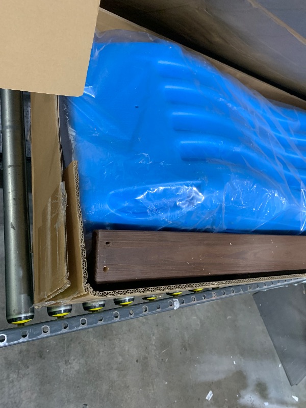 Photo 1 of BOX 1 OF 2 - Sportspower 8-in-1 Lakeview Outdoor Wooden Swing Set: Belt Swings, Trapeze Play Fort with Play Kitchen, Bench & Rock Climber Ladder and Slide - Blue and Yellow