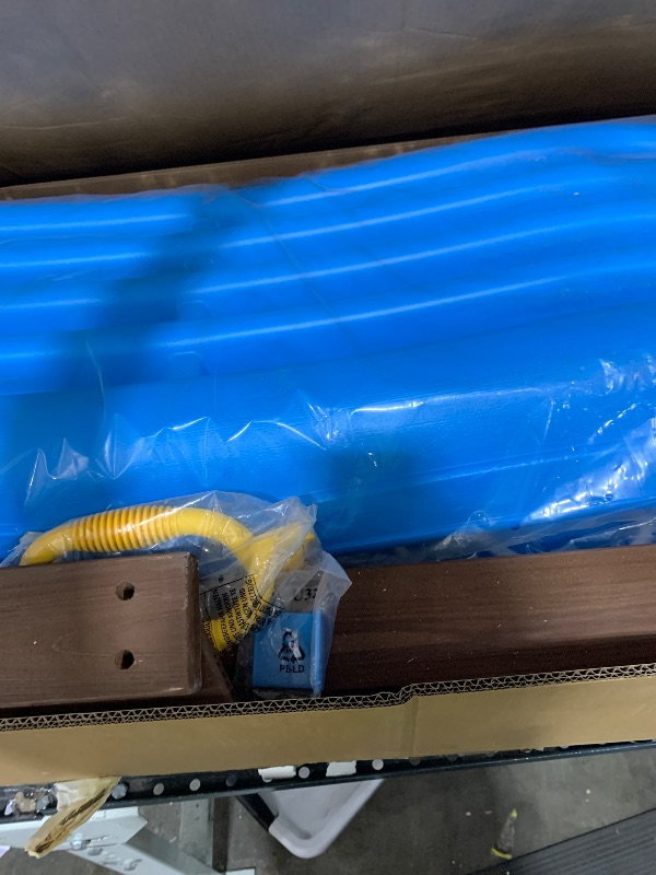 Photo 1 of BOX 1 OF 2 - Sportspower 8-in-1 Lakeview Outdoor Wooden Swing Set: Belt Swings, Trapeze Play Fort with Play Kitchen, Bench & Rock Climber Ladder and Slide - Blue and Yellow