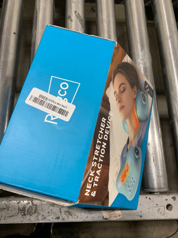 Photo 1 of Ringco Neck Massager Pillow with 3 Level Heating & Vibration Adjustable, Heated Neck Stretcher with 6 Modes, Rechargeable Cervical Traction Device for Pain Relief & Muscle Relaxation (Light Blue)