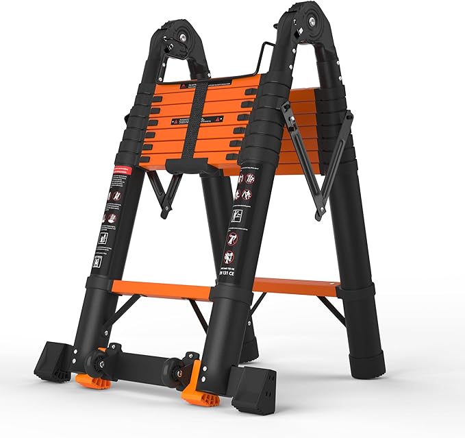 Photo 1 of 16.5 FT Telescoping A Frame Ladder, 8 Step, ANSI Certified, Type IA Heavy Duty, 330lbs Max Capacity, Aluminum Extension Ladder for Home, Roof, RV; Orange