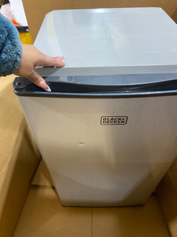 Photo 1 of BLACK+DECKER 3.2 Cu. Ft. Compact Refrigerator, ENERGY STAR Small Refrigerator, Single Door Mini Fridge with Chiller Compartment, Personal Fridge for Home or Dorm Room, BCRK32V, Stainless Look