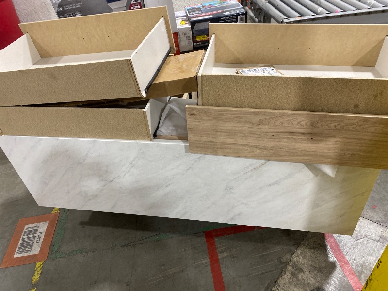 Photo 1 of Signature Design by Ashley Cadmori Casual Bohemian Dresser with Post Legs and 6 Drawers, Replicated Marble Top, Wood, 35" High, White and Light Brown Finish