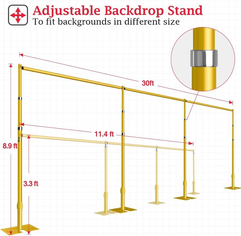 Photo 1 of EMART Backdrop Stand Heavy Duty 12ftx30ft, Adjustable Pipe and Drape Photo Background Support Kit, Metal Frame with Flat Base for Wedding Birthday Party Banquet Decorations-Gold
