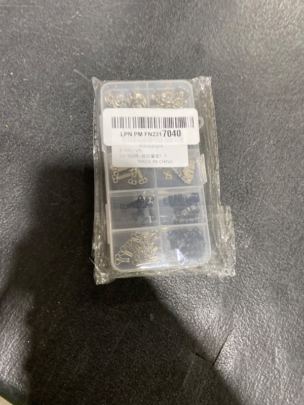 Photo 1 of 100 Pcs Sewing Hooks and Eyes Closure Set, 3 Styles Skirt Hook and Eye Closures Sewing Snaps Kit, Metal Snaps Buttons Fasteners Press Studs Set for Skirt, Bra, Trousers, Dress, Sewing, DIY Crafting