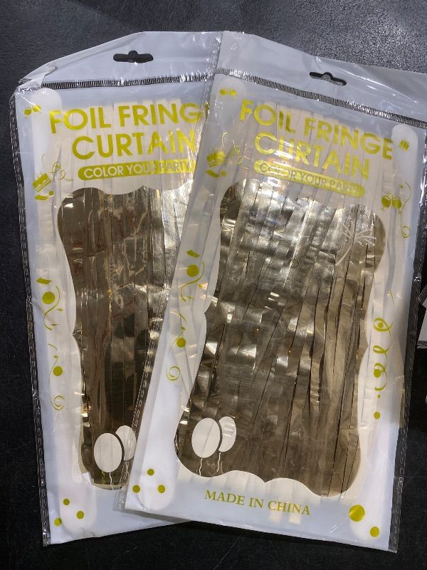 Photo 1 of 2 Pack Champagne Gold Foil Fringe Backdrop Curtains 3.2ft x 8.2ft Tinsel Foil Fringe Curtains for Birthday Party Decorations Photo Booth Backdrop for Halloween Christmas New Year Holiday Decorations