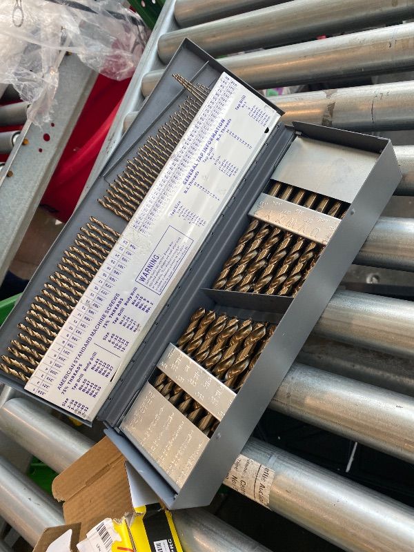 Photo 1 of *MISSING PARTS*
Cobalt Drill Bit Set - 115Pcs M35 High Speed Steel Bits for Hardened Metals, Stainless Steel, Cast Iron and Wooden Plastics, with Metal Index Storage Box,1/16"-1/2", A-Z, #1-#60