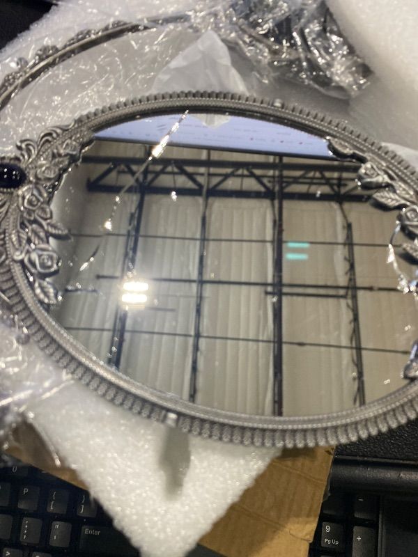 Photo 1 of ***GLASS CRACKED*** Feyarl Small Vintage Makeup Mirror Floral Tabletop Oval Vanity Mirror with Stand Dressing Room Swivel Double Sided Elegant Decorative Mirror Embossed Frame (Pewter)