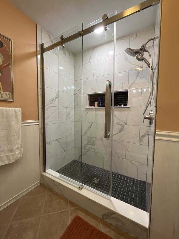Photo 1 of ***MISSING PARTS*** ***CHECK CLERK NOTES*** OVE Decors
Bel Soft Close 60 in. W Alcove Frameless Sliding Shower Door in Satin Nickel