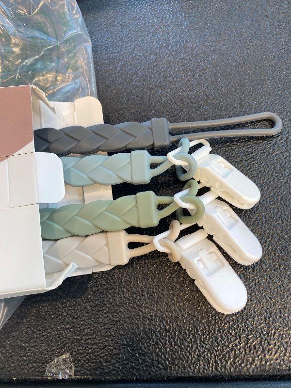 Photo 1 of *Used*
Stylish Silicone Pacifier Clips, 4-Pack Pacifier Holder with Flexible Woven Rope Design, 100% Food Grade Silicone, Easter Safe Essentials for Newborns Baby Boys and Girls