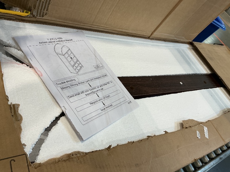 Photo 1 of 71" Arched Display Cabinet, Brown Bookcase with Clear Acrylic Doors, Kitchen Storage with 3 Adjustable Shelves, Farmhouse Hutch Dollar with 2 Drawers Cabinet for Living Room, Dining Room, Bathroom