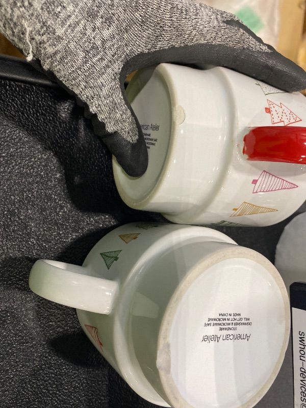 Photo 1 of **SEE PHOTOS, MINOR CHIP**American Atelier Coffee Mug Set with Coffee Mug Rack | Coffee Mugs Set of 4 | Stackable Coffee Mugs with Rack | Coffee Cup Set | Christmas Holiday Design | Ceramic Mug | Red Trees