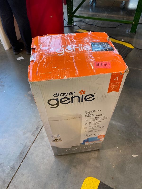 Photo 1 of *MINOR DAMAGE - USED*
Diaper Genie Platinum Pail (Lily White) is Made in Durable Stainless Steel and Includes 1 Easy Roll Refill with 18 Bags That can Last up to 5 Months.