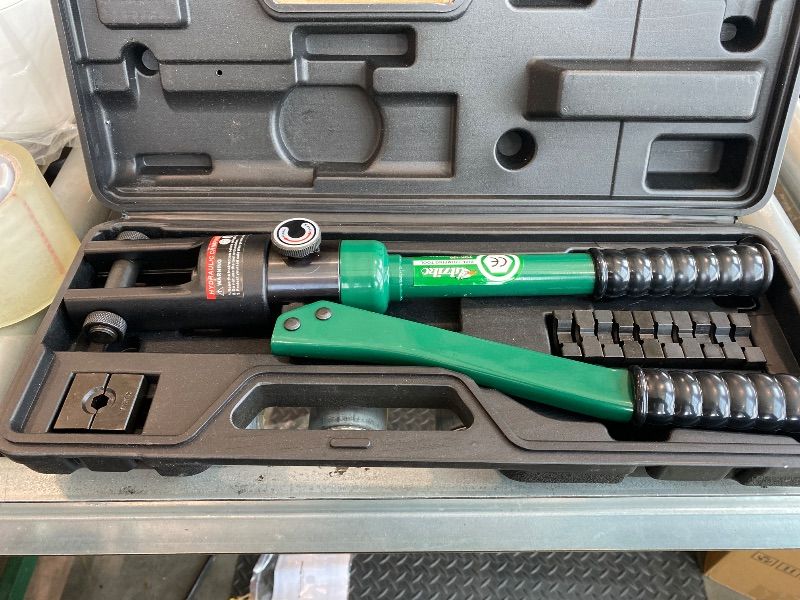 Photo 1 of  10 Tons Hydraulic Crimping Tool with 9 Dies - Battery Cable Crimper Tool & Wire Rope Crimping Tool for 12 to 2/ 0 AWG, 1/ 16" 1/ 8" 3/ 16" Stainless Steel Cable Railing Tool