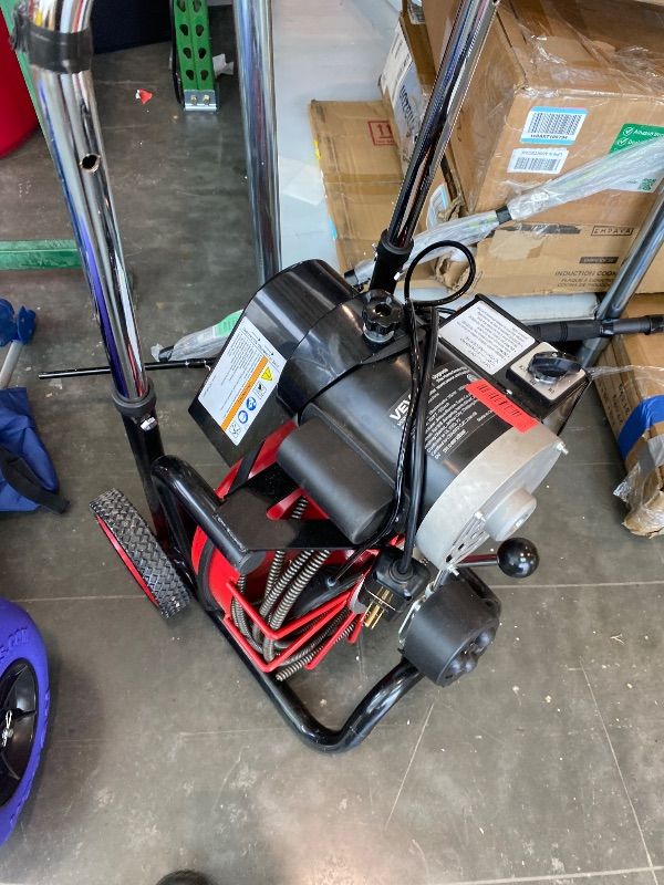 Photo 1 of **UNTESTED**
VEVOR Drain Cleaner Machine 100 FT x 1/2 Inch, Auto Feed Sewer Snake Auger on Wheels - with 8 Cutters & Air-Activated Foot Switch for 2" to 6" Pipes