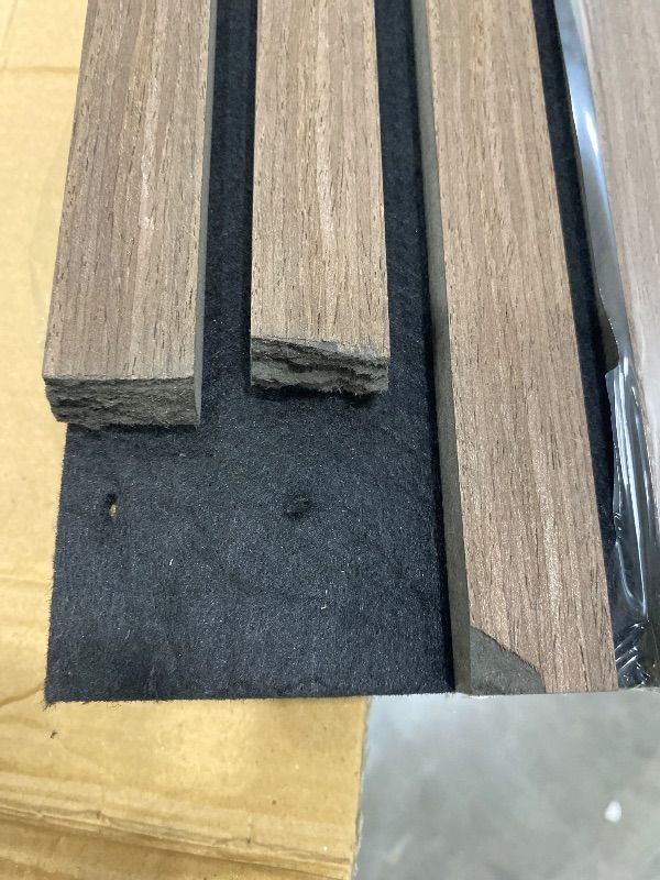 Photo 1 of *MINOR DAMAGE* Art3d Slat Wood Wall Paneling for Interior and Ceiling Decoration - Pack of 4pcs + 1pc End-Trim, Size 108 x 5.7in.- Walnut *READ CLERK NOTES*