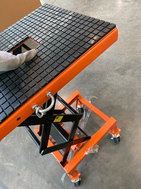 Photo 1 of *Missing Parts*VEVOR Hydraulic Motorcycle Lift Table, 350 lbs Capacity Motorcycle Scissor Jack Lift with Wide Deck, J-Hooks, 4 Wheels, Hydraulic Foot-Operated Jack Stand for ATV Dirt Bikes