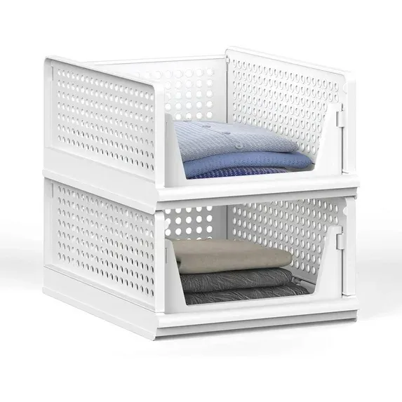 Photo 1 of 4 Pack Stackable Closet Storage Basket - Stackable Storage Bins, Multifunctional & Foldable Closet Organizer, Wardrobe Cupboard Space-Saving Clothes Storage Hat Organizer, White