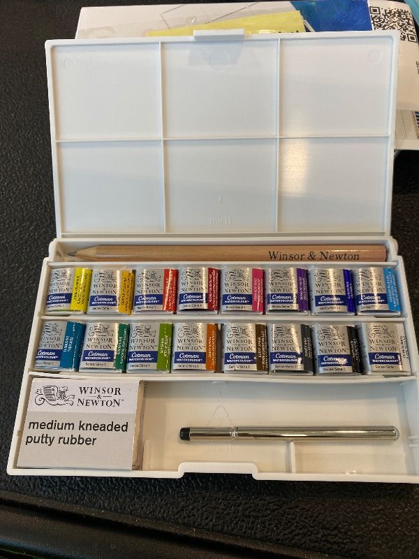 Photo 1 of *MINOR DAMAGE - USED*
Winsor & Newton Cotman Watercolor Paint Set, Complete Pocket Set, 16 Half Pan w/ Brush, Eraser, Mixing Palette