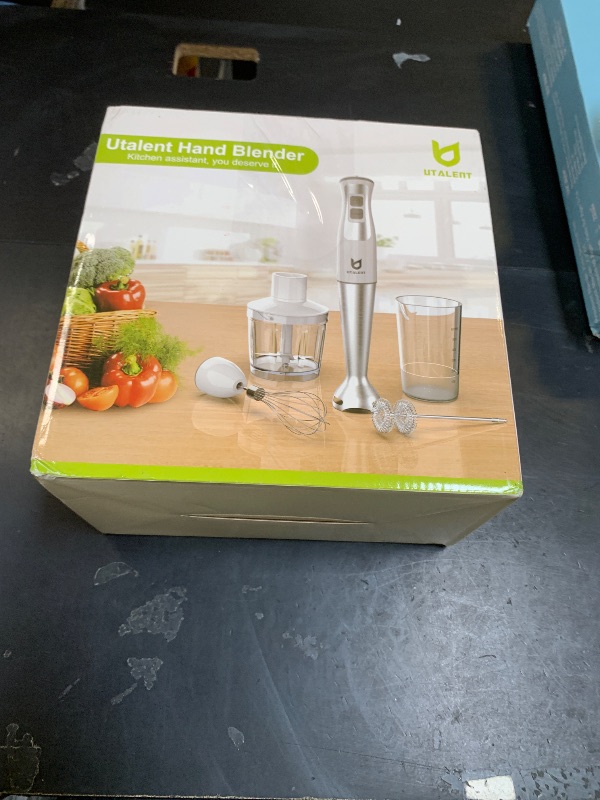Photo 1 of Immersion Hand Blender, UTALENT 5-in-1 8-Speed Immersion Blender with 500ml Food Grinder, 600ml Container,Milk Frother,Egg Whisk,Puree Infant Food, Smoothies, Sauces and Soups - White