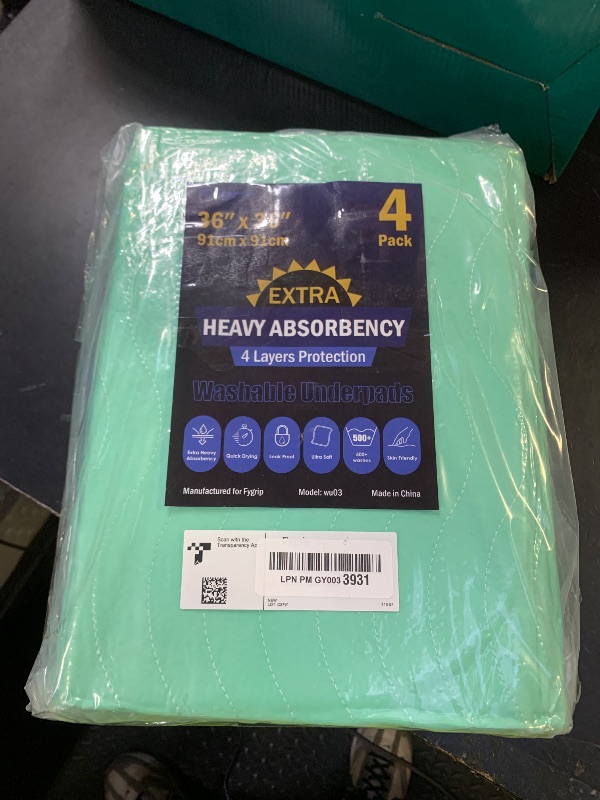 Photo 1 of FYGRIP 4 Pack 36” x 36” Extra Heavy Absorbency Washable Underpads, Waterproof Quick Drying Nursing Incontinence Reusable Washable Bed Pee Pads for Dogs, Diaper Changing & Adults, Green