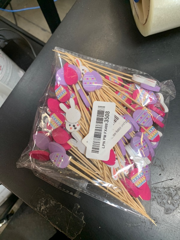 Photo 1 of 100 Pcs Easter Toothpicks, 4.72 Inch Easter Cocktail Picks for Appetizers, Long Bamboo Toothpicks, Decorative Toothpicks Skewers for Holiday Birthday Party Decorations (Easter Rabbit & Egg)