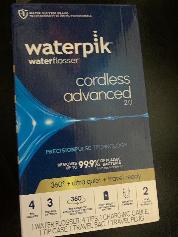 Photo 1 of Waterpik Cordless Advanced 2.0 Water Flosser For Teeth, Gums, Braces, Dental Care With Travel Bag and 4 Tips, ADA Accepted, Rechargeable, Portable, and Waterproof, White WP-580, Packaging May Vary