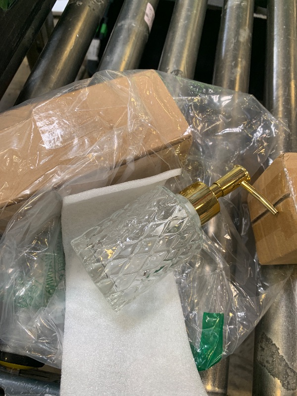 Photo 1 of  decorative glass soap dispenser featuring a textured diamond pattern and a gold-colored metal pump. 2 pack
