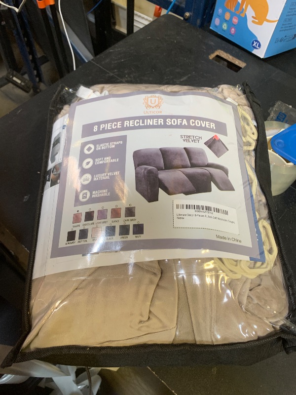 Photo 1 of ULTICOR Velvet 8-Pieces Recliner Sofa Covers Stretch Reclining Couch Covers for 3 Cushion Reclining Sofa Slipcovers Furniture Covers Thick Soft Washable (3 Seater Recliner Cover, Taupe)