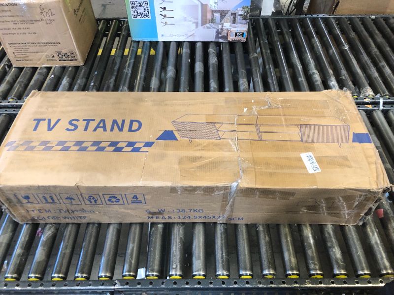 Photo 1 of KIMOLST Modern 86in TV Stand for Living Room, Fluted Design Entertainment Center with Adjustable Shelves,Media TV Console Table with Storage for Bedroom,White