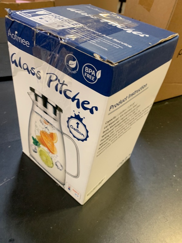 Photo 1 of 1 Gallon 128oz Glass Pitcher, Water Pitcher with Lid and Spout, Glass Carafe for Hot/Cold Drink, Water Jug for Iced Tea, Coffee, Juice, Milk, Beverage (Extra-Wide Mouth)