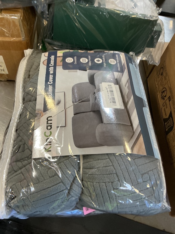 Photo 1 of KinCam Loveseat Recliner Covers with Middle Console Slipcover, Recliner Sofa Covers 2 Seat Couch Cover Stripe Jacquard Furniture Protector Covers with Elastic Bottom for Kids, Pets (Dark Gray)