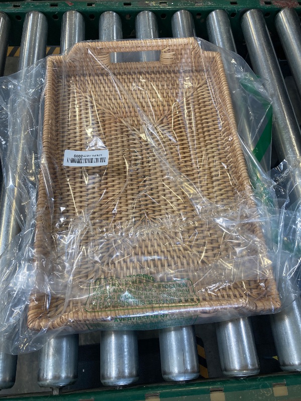 Photo 1 of 17'' Rattan Serving Tray Rectangle with Handles, Vintage Wicker Table Tray for Decor, Boho Hand Woven Seagrass Coffee Table Basket Tray for Ottoman, Breakfast, Bathroom, Outdoor