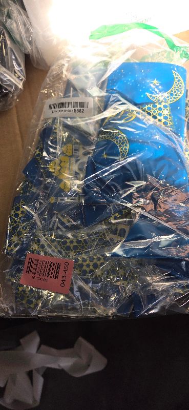 Photo 1 of Blulu 100 Pcs Eid Mubarak Gift Bags Ramadan Decorations Clear Goodie Candy Plastic Cellophane Treat Bags with Silver Twist Ties for Eid Mubarak Party(Blue Gold)