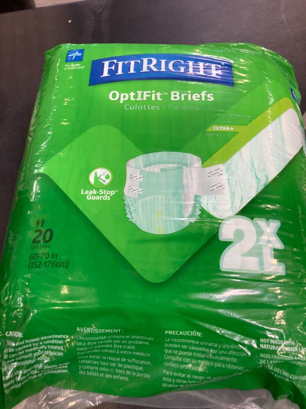 Photo 1 of FitRight Extra+ Adult Diapers, Disposable Incontinence Briefs, Leak-Proof Diaper, Absorbent Briefs for Men and Women, Maximum Protection, 2XL, 60 – 70 in, 20 Briefs per Bag
