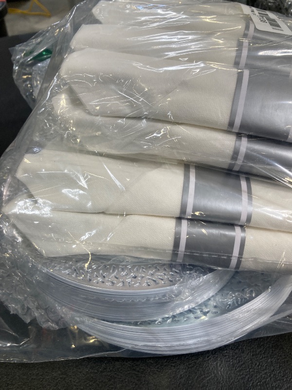 Photo 1 of 210Pcs Silver Plastic Dinnerware for 30 Guests,Silver Lace Disposable Plasticc Plates Including 30 Dinner&Dessert Plates,Cups,Plastic Silverware for Party,Wedding,Thanksgiving
