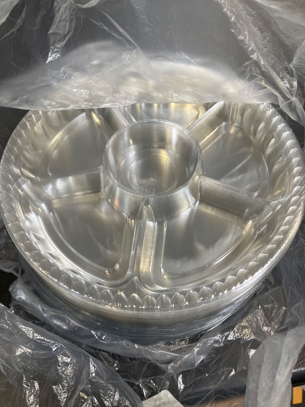 Photo 1 of 30 Pack Fruit Trays for Serving for Party, 6 Divided Compartment Disposable Party Platters for Vegetable Fruit Snack Nut, Plastic Veggie Tray with Lid for Buffet Catering?10.4 Inch? (Clear)
