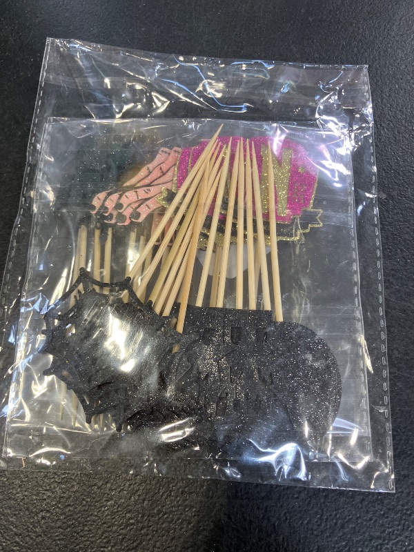 Photo 1 of 24 Pcs Birthday Addams Cupcake Toppers Glitter Fantasy Horror Thing Cupcake Picks for Magic Hand Black Bat Girl Fantasy Addams Family Birthday Party Cupcake Decorations Supplies